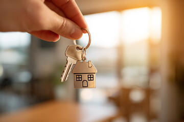 Hand holding house keychain with keys while standing in warm, sunlight-filled room