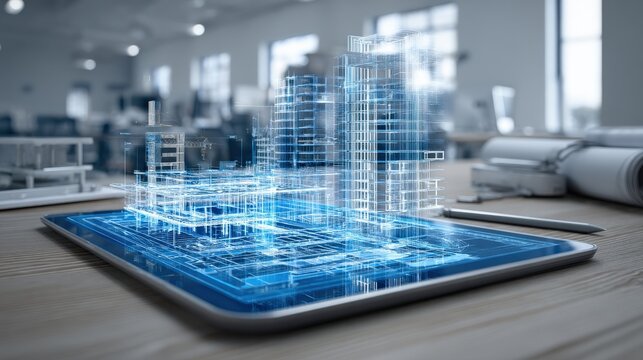 Futuristic architectural blueprint displayed on a tablet computer in a modern office setting, symbolizing innovation and digital design - Powered by Adobe