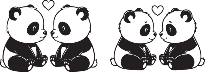 Minimalist black and white panda love icons – cute cartoon duos with heart symbols, expressive eyes, and symmetrical charm. © Haider