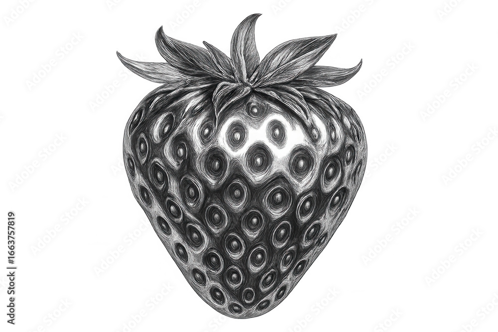 Poster pencil drawing representing a strawberry with visible seeds and stem, isolated on a transparent back