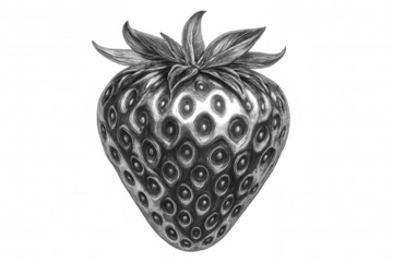 Pencil drawing representing a strawberry with visible seeds and stem, isolated on a transparent background
