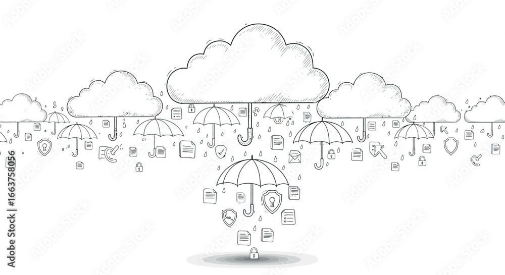 Poster cloud computing security with hand drawn icon elements and connected data storage umbrellas