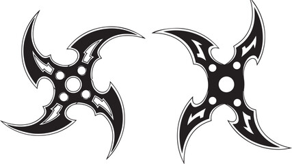 Minimalist black and white shuriken icons – stylized ninja throwing stars with curved blades and symmetrical tribal detailing. © Haider