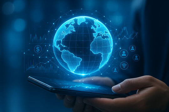 Global financial and business data analysis with a person holding a smartphone, with a glowing globe and various charts, graphs, and currency symbols floating above the screen