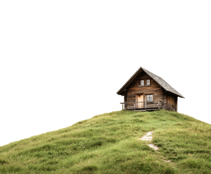 Charming wooden house on a grassy hillside surrounded by nature on a transparent background, cut out