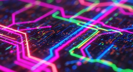 Vibrant abstract visualization of an illuminated digital network, showcasing intricate data flow and advanced technological connections within modern computing circuits