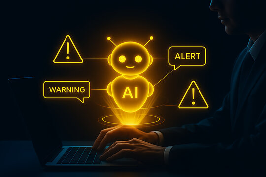 An AI chatbot glowing with a warning and alert icon hovers over a laptop, symbolizing the potential risks and need for caution when interacting with artificial intelligence systems