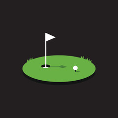 Minimalist Golf Green Illustration with Flag, Hole, and Ball on Black Background, Providing Clean and Modern Aesthetic