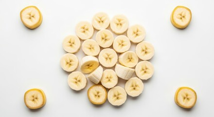 Fototapeta premium Circular arrangement of fresh banana slices on white background