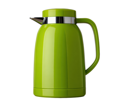 Bright green insulated pitcher for hot or cold beverages on a transparent background, cut out