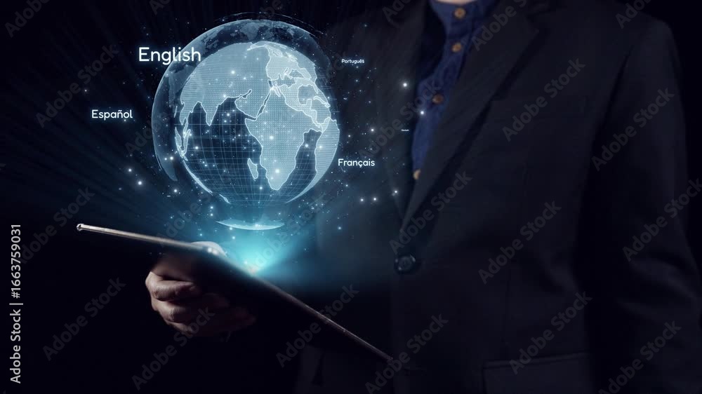 Poster businessman holding tablet with globe and language icons representing global communication and multi