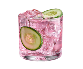 Refreshing cucumber drink with pink fizz and ice cubes for summer on a transparent background, cut out