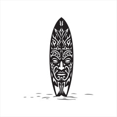 Intricate Tribal Mask on Surfboard Silhouette Mystical Black and White Design Polynesian Influence Symbolic and Evocative Artistic Expression