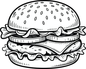 Hand-drawn burger sketch, black and white sandwich illustration, gourmet food drawing, culinary concept artwork, cad drawing flat vector illustration