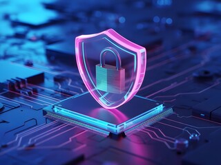 Glowing shield and padlock on a circuit board, representing digital protection and data security., Cybersecurity concept