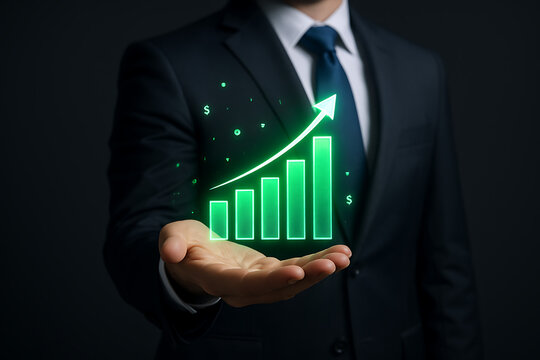 Financial growth and increased profits, businessman holding a virtual bar chart with a rising arrow to show successful business development and marketing strategy