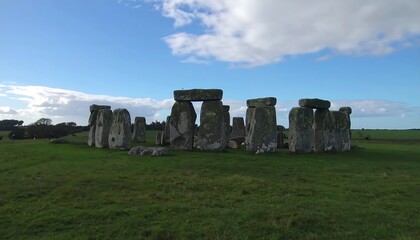 A vast expanse of green grass hosts ancient stone structures, bathed in sunlight under a partly cloudy sky.