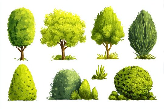Cartoon Shrub Collection: Playful Green Bush Illustrations Isolated on White Background