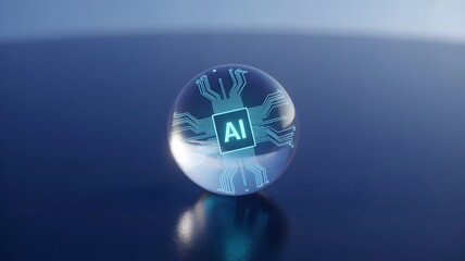 Futuristic AI microchip encased in a glass sphere, technological concept.