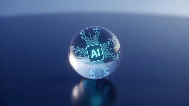 Futuristic AI microchip encased in a glass sphere, technological concept.