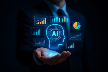 A businessman's hand holds a glowing holographic projection of an AI brain, surrounded by various business graphs and charts, symbolizing the role of artificial intelligence