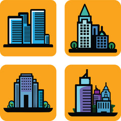 Stylish city skyline vector set featuring skyscrapers, office towers, and modern urban buildings. Perfect for web, app, logo, real estate, and architectural design projects.