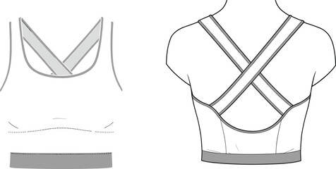 CAD drawing flat vector illustration of women’s sports bra, front and back views, crisscross strap detail, fitness apparel design, fashion sketch, technical garment template