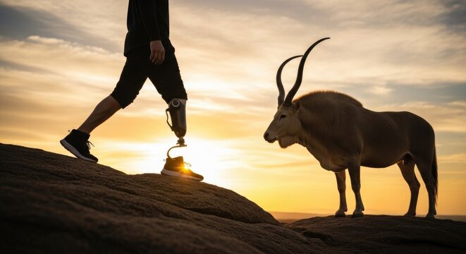 Man with Prosthetic Leg Meeting Antelope at Sunset