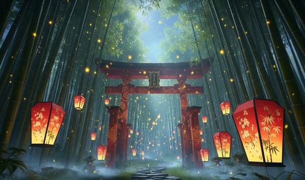 A serene Japanese-style path lined with bamboo, illuminated by lanterns and a vibrant torii gate. - Powered by Adobe