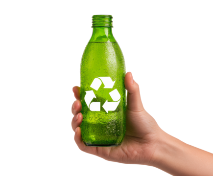 Hand with green bottle featuring recycling symbol on a transparent background, cut out