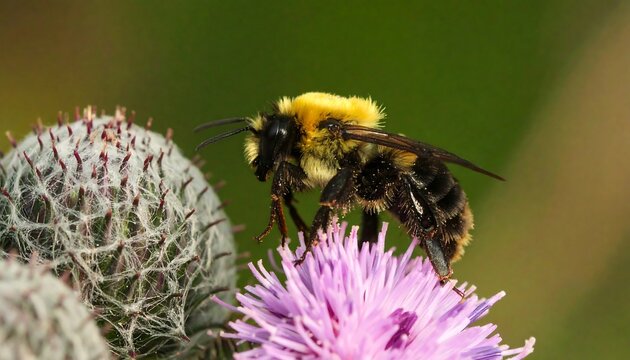 A close-up view of a fuzzy bumblebee resting on a vibrant purple flower, showcasing the intricate details of its fuzzy yellow and black striped body.