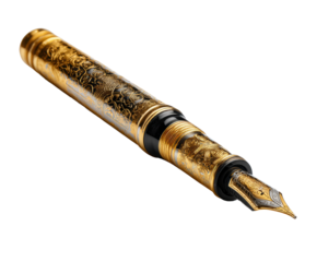 Elegant golden fountain pen with intricate design and fine nib on a transparent background, cut out
