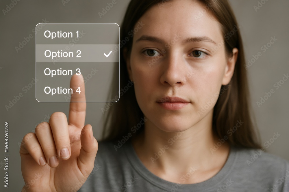Aufkleber woman using futuristic transparent touchscreen technology selecting option two from a digital menu