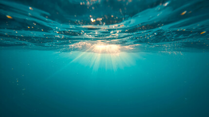 Blue sea. atmospheric underwater shot from a low angle, showing the sun's rays penetrating the deep blue water from the surface.The water is clear, with a slight ripple effect and sparkling dust motes