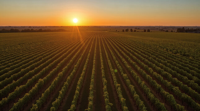Aerial View of Vineyard Rows at Sunset