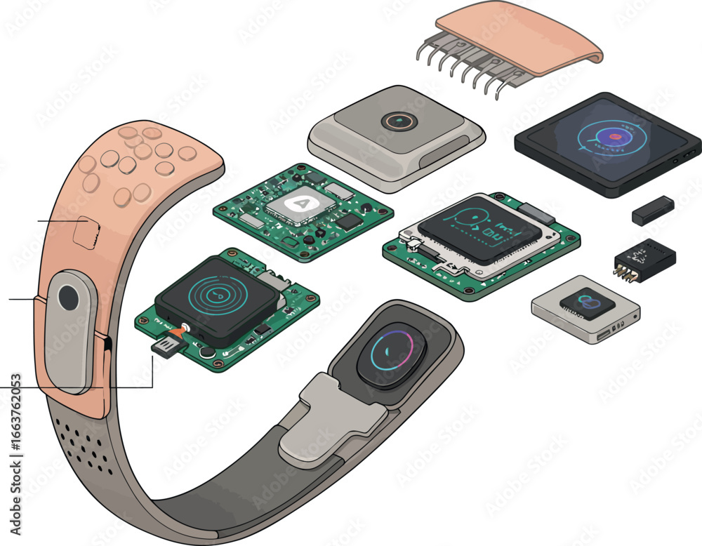 Poster exploded view of modern smartwatch components in isometric style