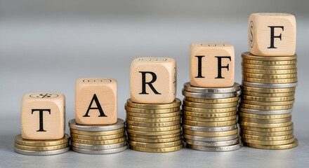 Wooden cubes spelling “TARIFF” on stacked gold coin columns — tariff increase, trade duty, import-export taxation and economic policy illustration