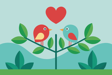  two cute birds in love sitting on a branch with a heart above them, symbolizing romance and affection in a naturethemed illustration