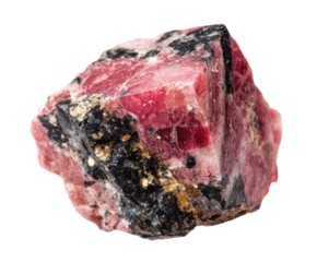 Natural beauty of rubellite tourmaline crystal with black matrix on a transparent background, cut out