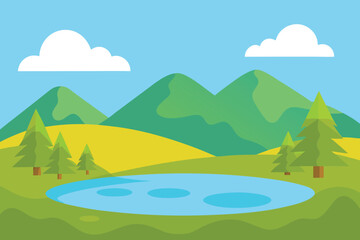 Obraz premium scenic landscape with mountains, trees, lake, and clouds, creating a peaceful and idyllic nature scene for travel and tourism destination