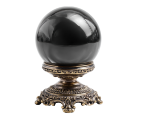 Mystical crystal ball on ornate stand for fortune telling use on a transparent background, cut out