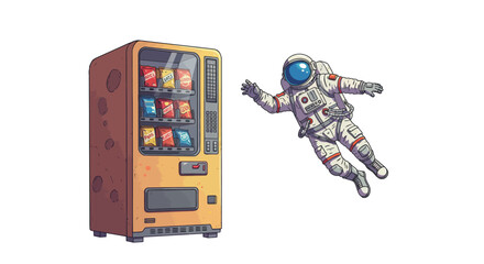 Astronaut floating near snack machine in humorous space scene
