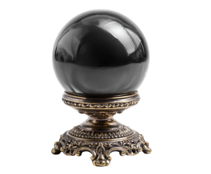 Mystical crystal ball on ornate stand for fortune telling use on a transparent background, cut out
