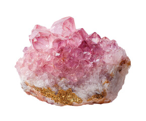 Pink crystal cluster with natural golden accents for decor and design on a transparent background, cut out