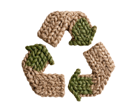 This design features a crochet recycling symbol made with natural yarn on a transparent background, cut out