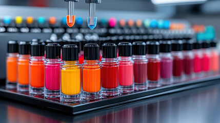 Nail polish factory, Nail polish packaging station with printed labels for product display.