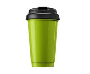 Modern reusable green travel cup for hot beverages on the go on a transparent background, cut out