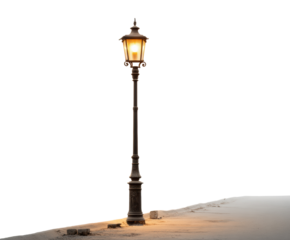 Elegant street lamp illuminating a quiet pathway at night on a transparent background, cut out
