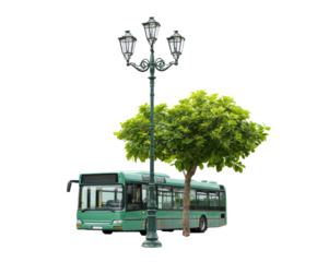 Urban transport with green bus, street lamp, and tree decor on a transparent background, cut out