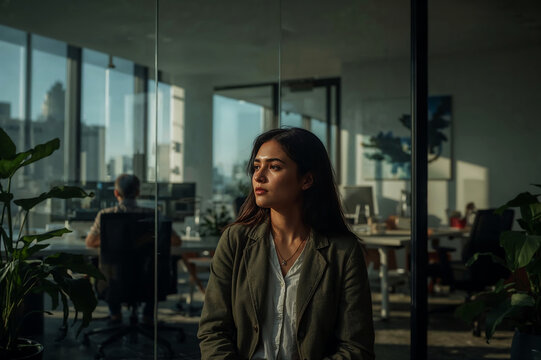 Woman in modern office with large windows and plants